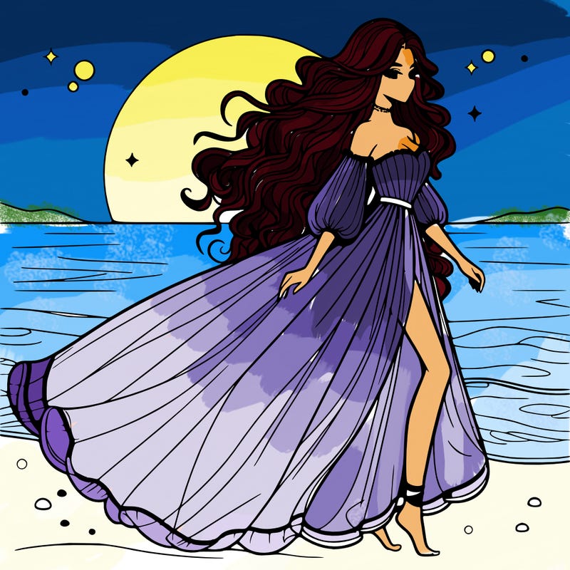 beautiful woman with a vaporous long dress walking on the beach at the noon, detailed art