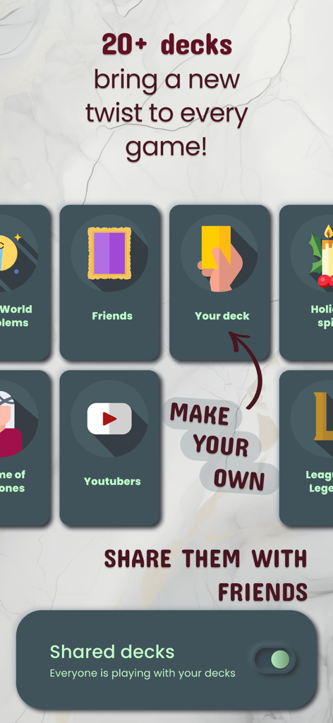 Card deck selection screen with options to create and share custom decks