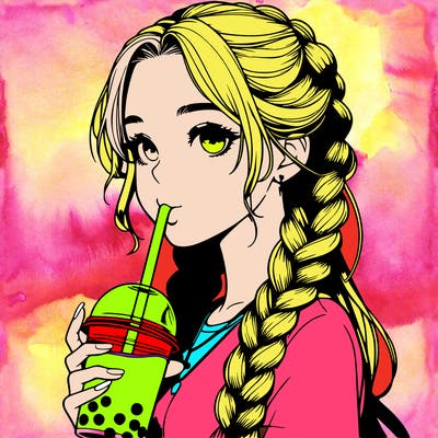 realistic girl with braided hair drinking boba