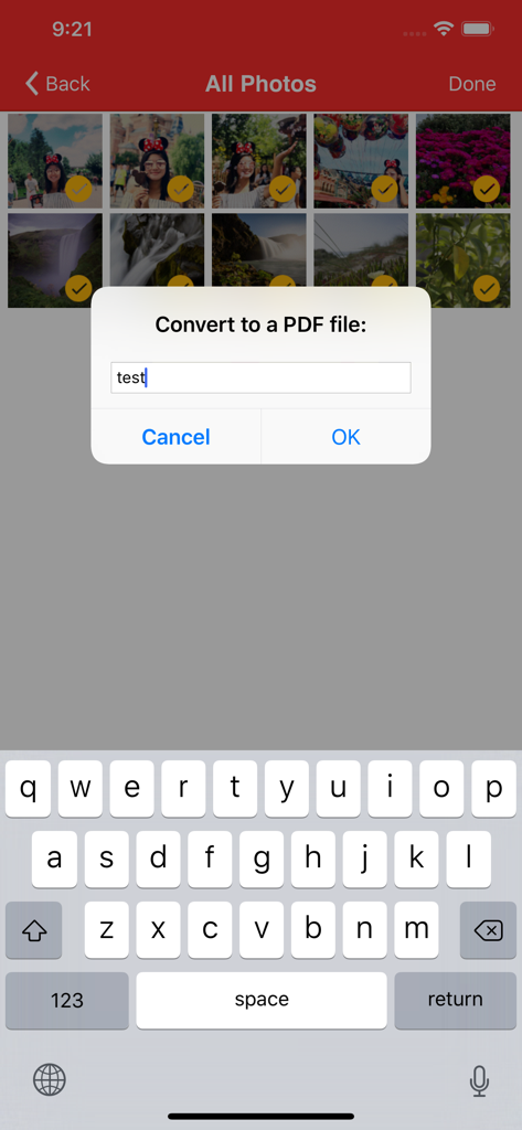 Power PDF - PDF Manager - Interface showing multiple photos selected to be converted into a PDF document