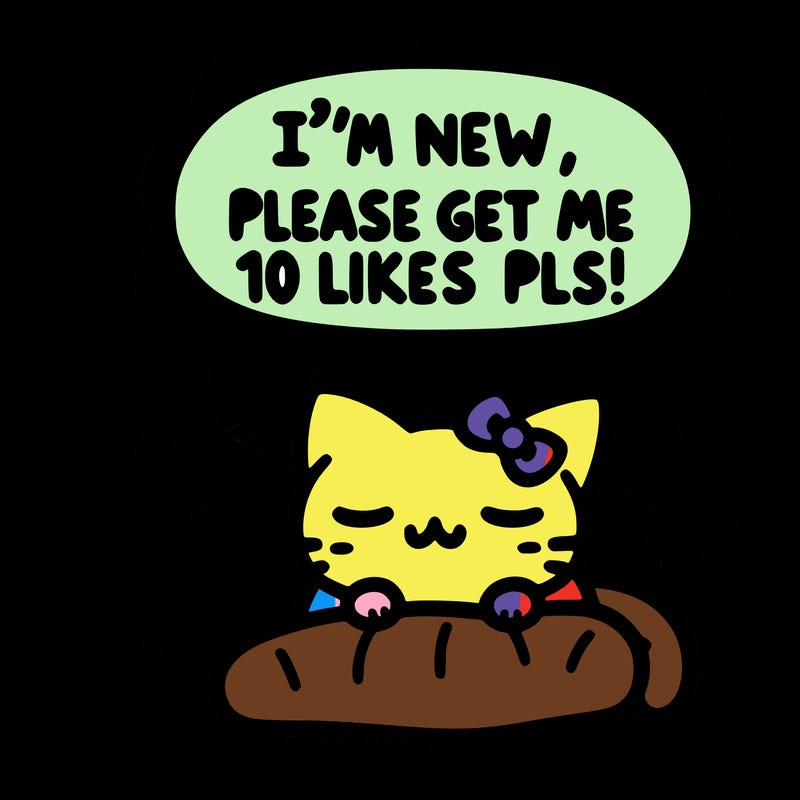 kitty taking a nap dream talking and saying "i'm new, please get me at least 10 likes pls!!"