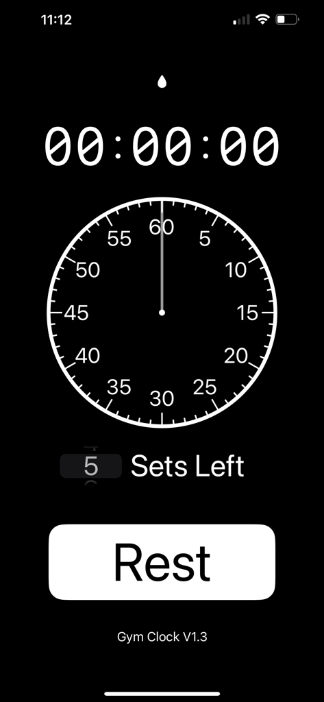 GymClock. - Minimalist GymClock app interface featuring a digital timer, sets remaining counter, and a large rest button.