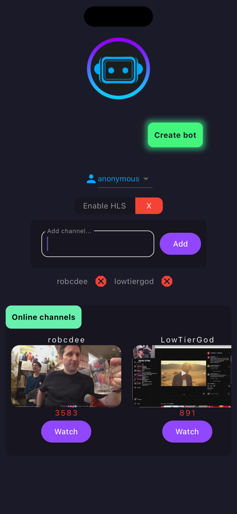 Interface do aplicativo bot da Twitch mostrando o botão criar bot e pré-visualizações de stream ao vivo para canais como robcdee e lowtiergod