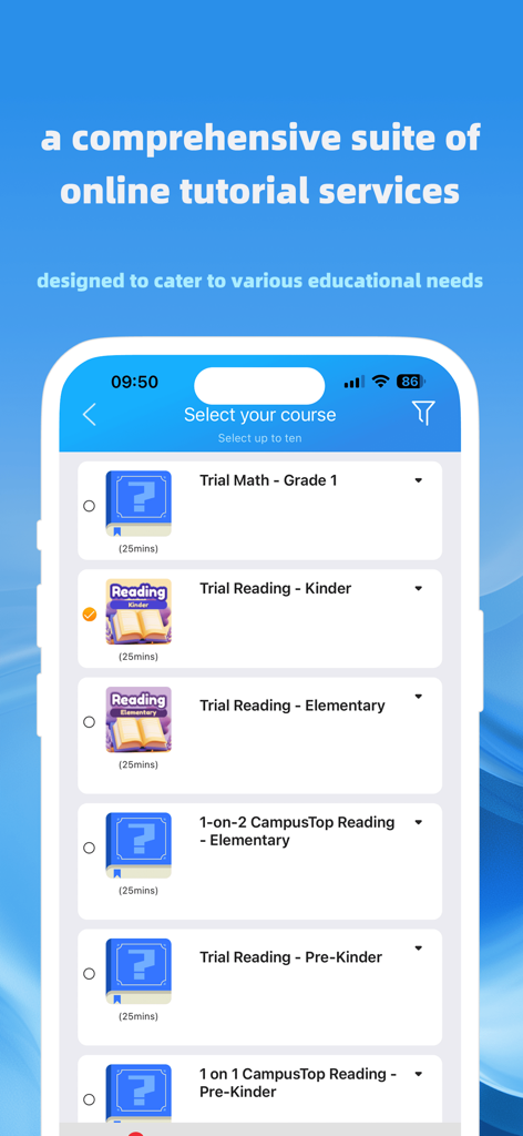 Interface of the CampusTop app showing various online tutorial course options for math and reading across different grade levels