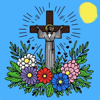 flowers surrounding jesus cross
