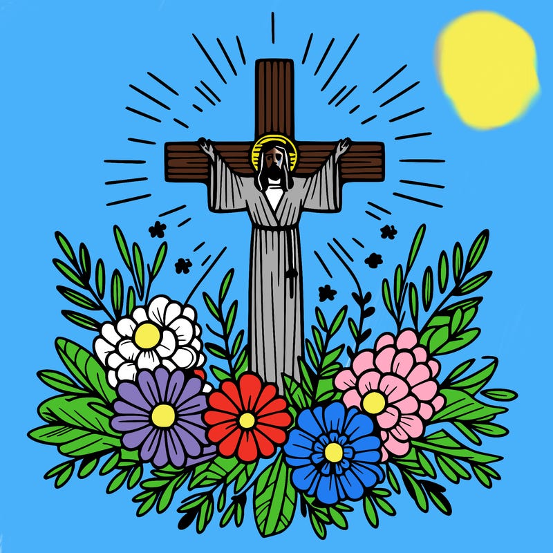 flowers surrounding jesus cross
