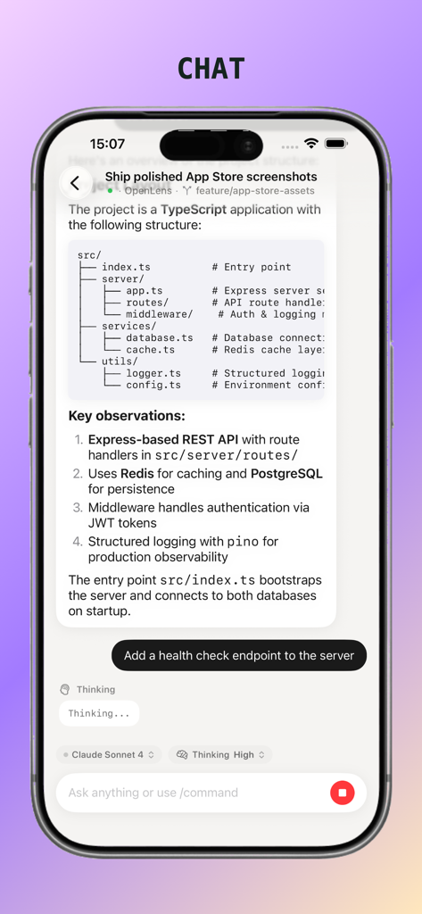 OpenLens chat screen displaying a technical project overview and an AI agent processing a developer request.