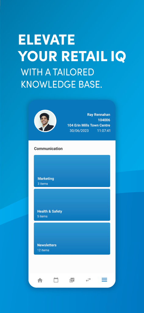 SF ESS mobile app interface displaying a communication dashboard with retail knowledge base categories