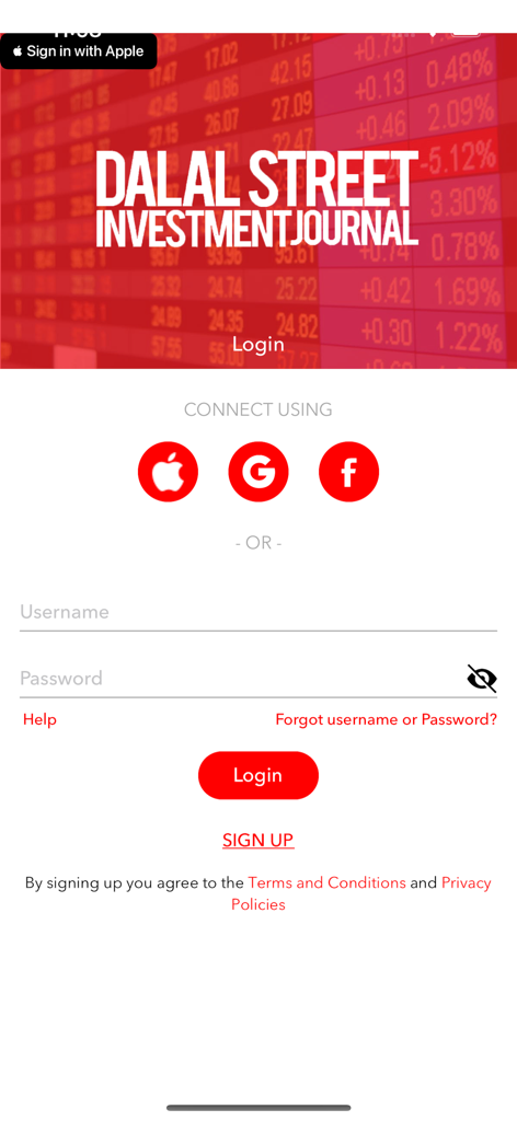 Dalal Street Journal- Magazine - Login screen for Dalal Street Investment Journal app featuring username and password fields and social login options for Apple Google and Facebook