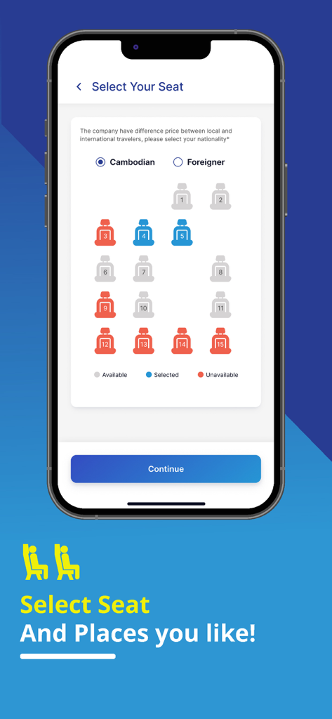 Camboticket - Camboticket mobile app user interface showing the seat selection map for booking a bus or ferry ticket.