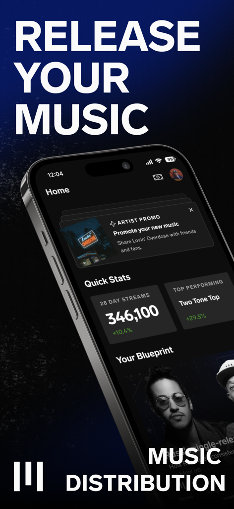 UnitedMasters: Release Music - Tableau de bord de l'application mobile UnitedMasters affichant les analyses de streaming musical et les statistiques d'artistes