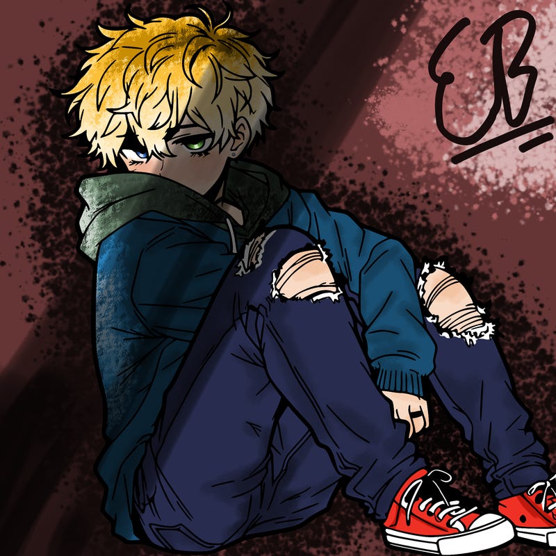 a male hoddie ripped jeans messy hair anime