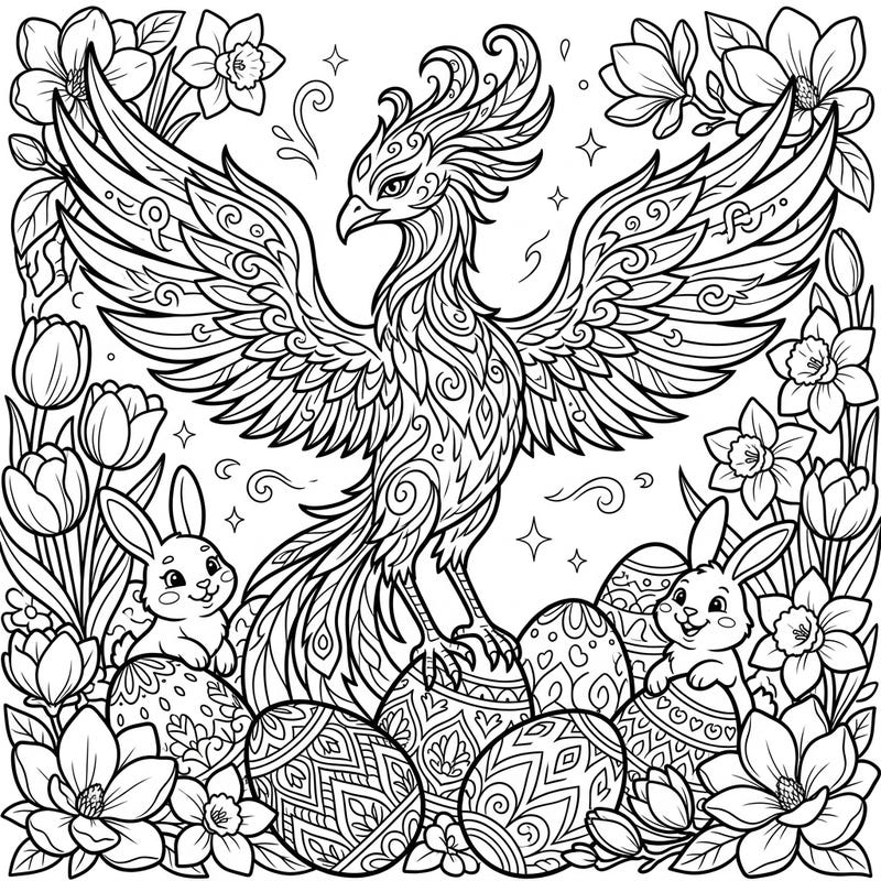Discover a unique blend of myth and merriment with this stunning Shadow Phoenix Easter coloring page. Featuring a magnificent phoenix alongside playful bunnies and intricately decorated eggs, it promises hours of imaginative fun.