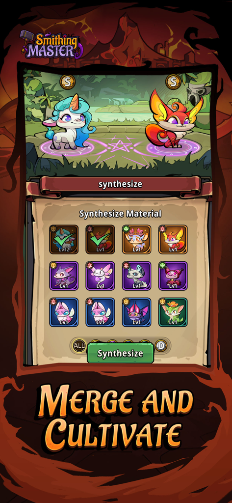 Smithing Master - Synthese-Menü im Smithing Master Spiel, das Optionen zum Verschmelzen und Kultivieren von Fantasy-Elfen anzeigt.