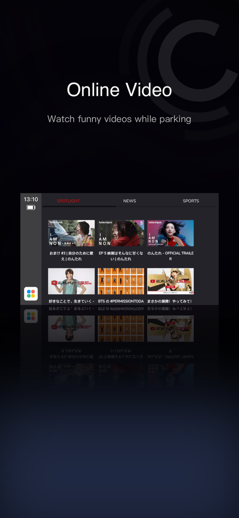 CarbitLink app interface showing online video options like news and sports for car displays
