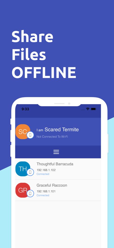 Feem App-Oberfläche, die mehrere Geräte zeigt, die für die Offline-Dateifreigabe in einem lokalen Netzwerk verbunden sind