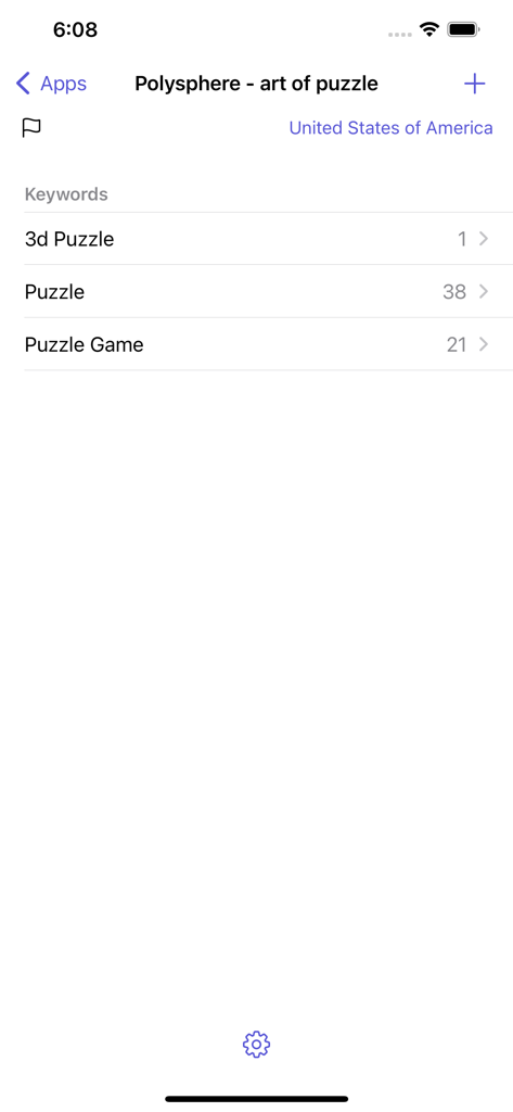 Keewordz 앱 인터페이스, 미국 앱 스토어의 특정 모바일 앱에 대한 추적된 키워드 목록 및 순위 표시
