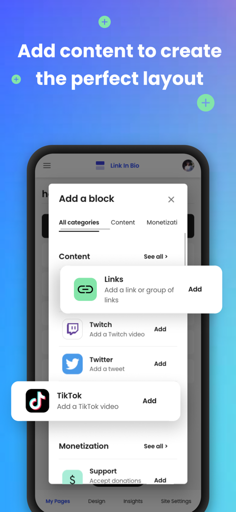 Beacons: Creator Tools - Interface de aplicativo móvel para adicionar blocos de conteúdo como links do TikTok e Twitter a um site de criador Beacons