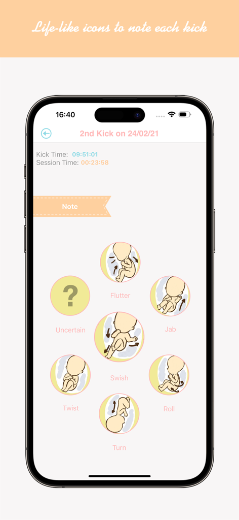 Count Baby Kicks - Interface of the Count Baby Kicks app showing icons to categorize fetal movements such as flutter, jab, swish, and roll.