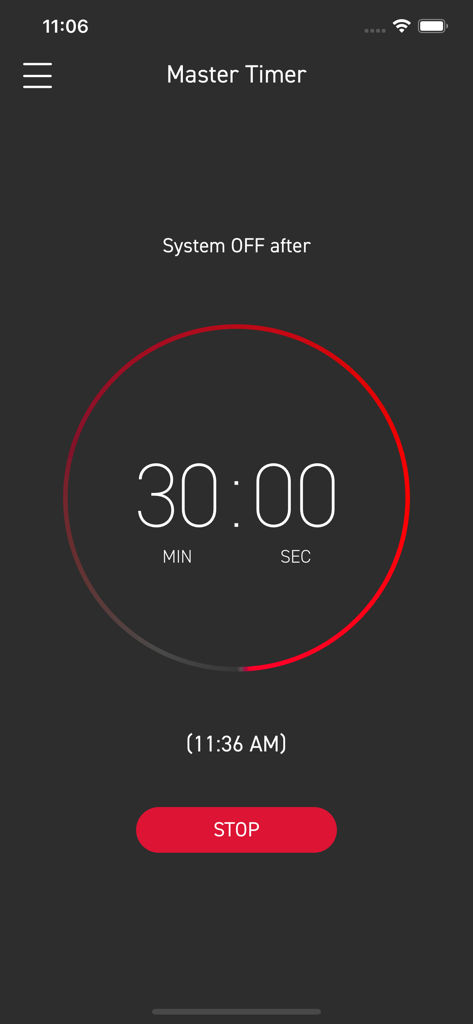 NEO Connect - Interfaz de la aplicación NEO Connect que muestra un temporizador maestro con una cuenta regresiva de 30 minutos para apagar el sistema de aire acondicionado