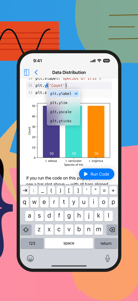 Learn to Code – Tinkerstellar - Mobile Python-IDE in Tinkerstellar zeigt einen Code-Editor mit einem Balkendiagramm zur Datenverteilung und Code-Vervollständigung