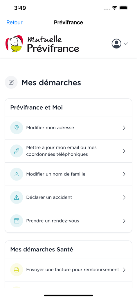 Prévifrance - User interface of the Previfrance mobile app showing administrative options like updating addresses and submitting medical reimbursement claims