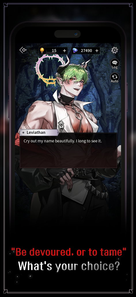 A screenshot of Leviathan the demon lord in the Kiss in Hell otome game