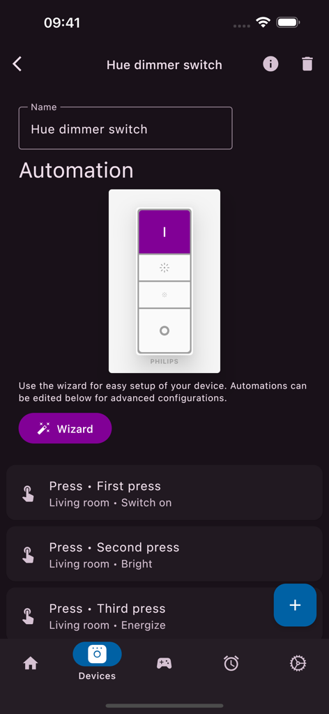 Hue Essentials - Hue Essentials app interface for configuring Philips Hue dimmer switch automations and button presses
