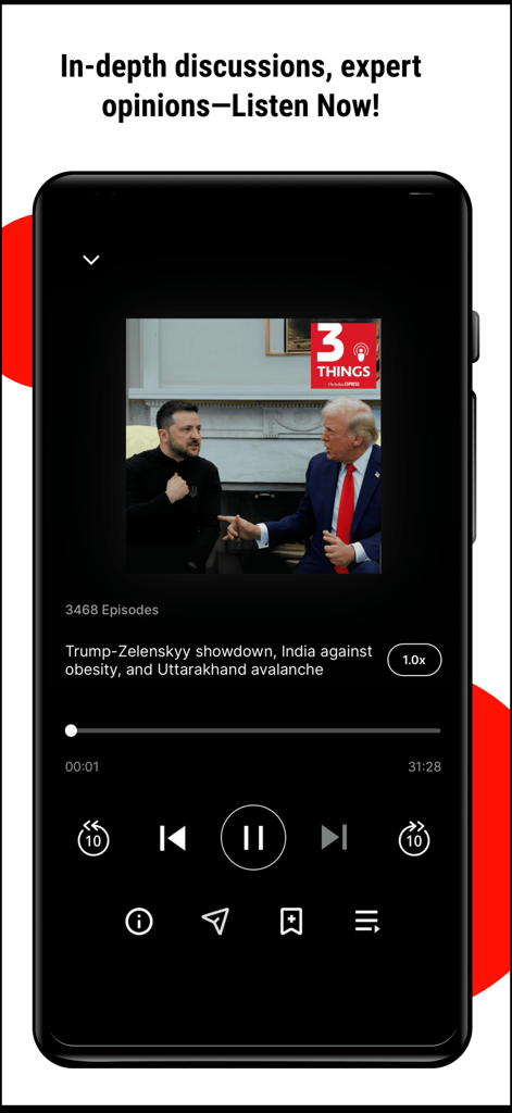 Indian Express News + Epaper - Indian Express app audio player interface featuring the 3 Things podcast for in depth news discussions