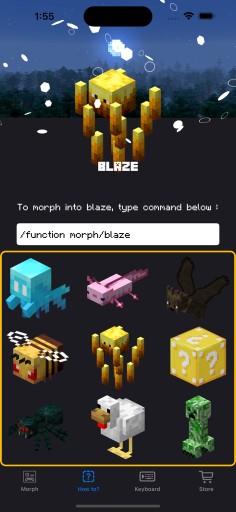 Morph Mods for Minecraft • - Interfaz de la aplicación Mods de Transformación para Minecraft que muestra el comando para transformarse en un mob Blaze