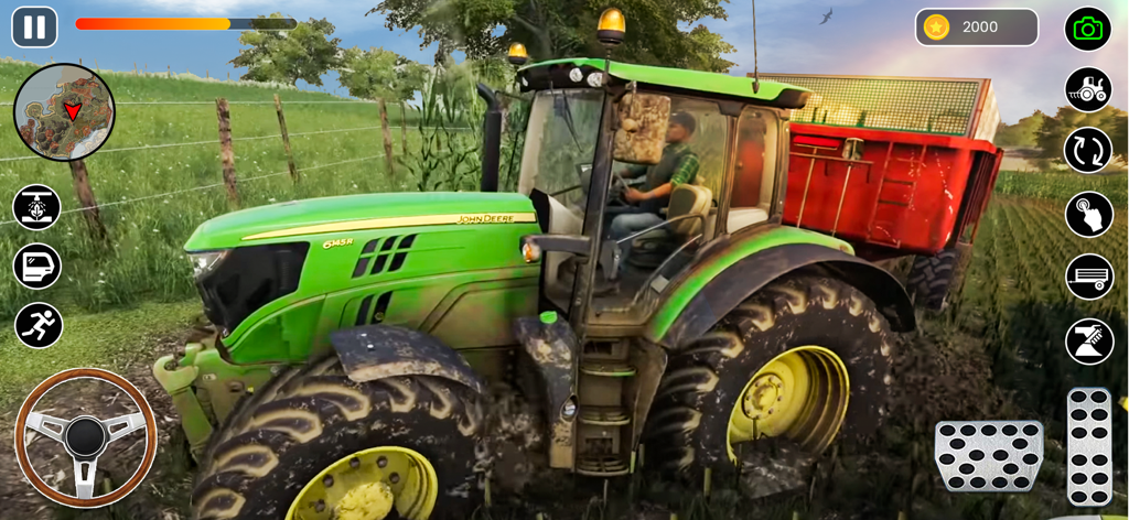 Farming Simulator Driving Game - A green tractor pulling a red trailer in a realistic 3D farm field simulation with mobile game controls