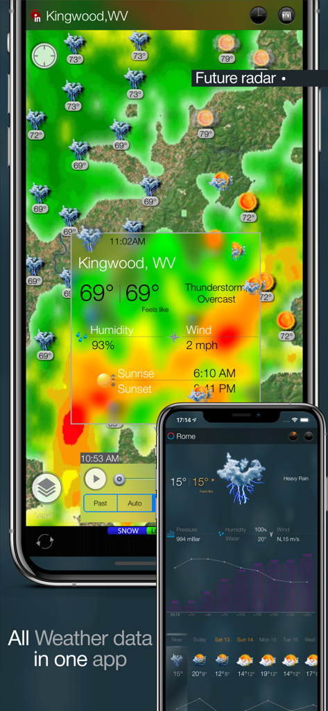 eWeather HD iPhone 앱 인터페이스가 미래 레이더 지도와 상세한 지역 날씨 데이터를 보여주는 모습