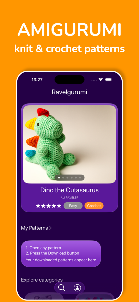 Crochet Patterns: Ravelgurumi - Ravelgurumi app interface showing a crochet pattern for a green amigurumi dinosaur