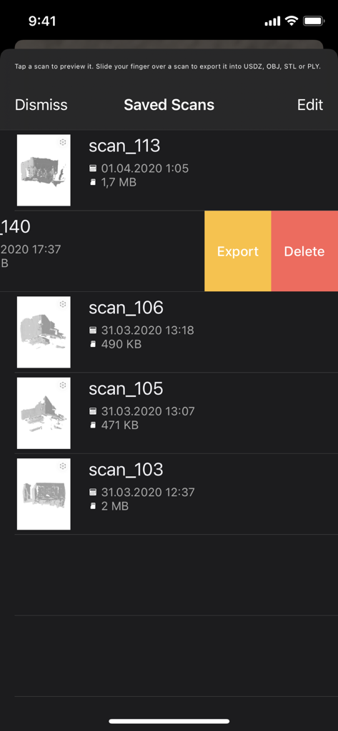 List of saved 3D scans in the LiDAR Scanner 3D app with export and delete options