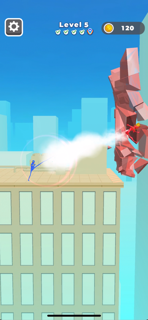 A blue character uses elastic stretching to smash a red opponent into a wall on a rooftop.