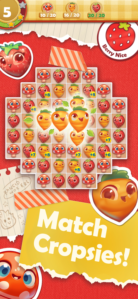 Farm Heroes Saga - Un tabellone di gioco match 3 di Farm Heroes Saga con carote e fragole carine.