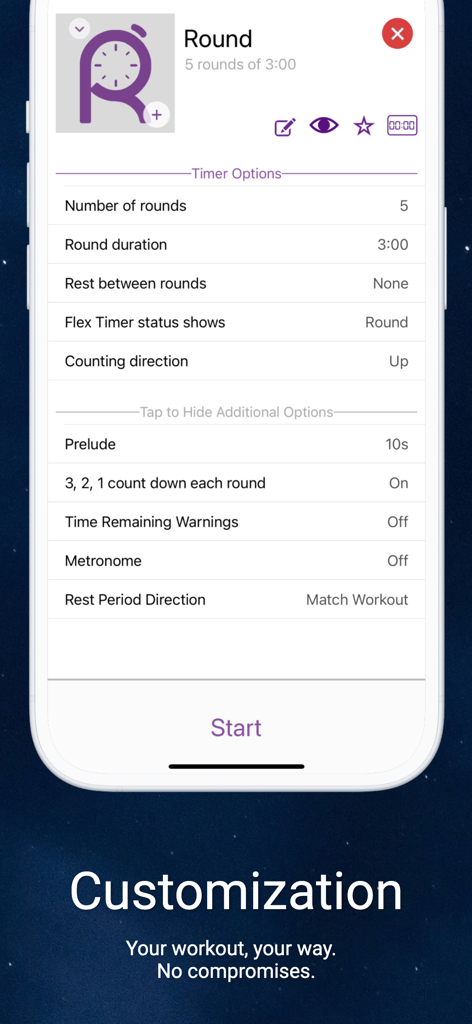GymNext Flex Timer app screen showing customization options for a round based workout