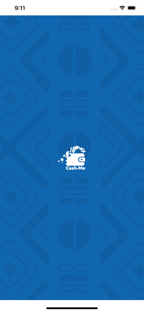 Tela de apresentação do aplicativo móvel Cash-Me com logotipo e padrão geométrico azul