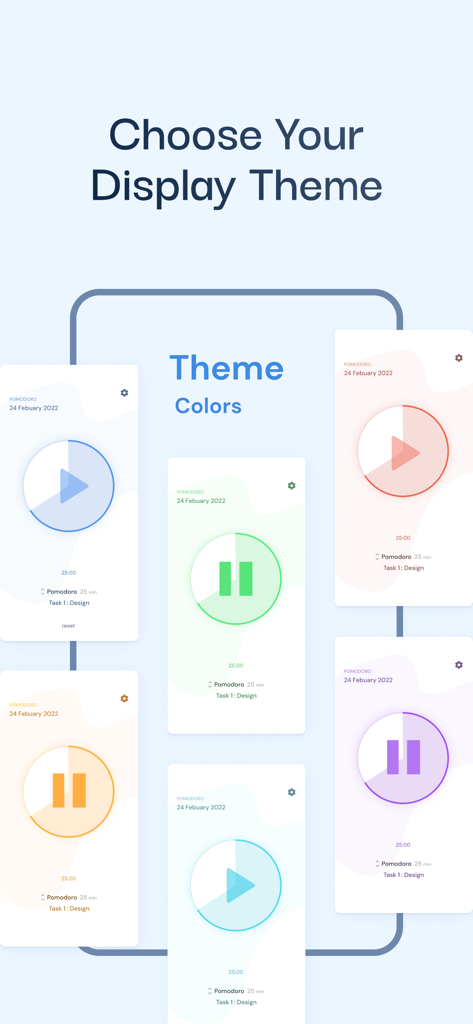 Eine Anzeige verschiedener farbenfroher Themenoptionen für die Pomodoro-Timer-App, einschließlich grüner, blauer, violetter und orangeroter Oberflächen.