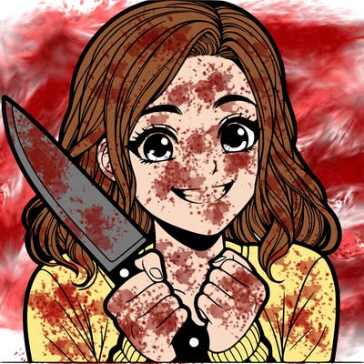 a realistic girl holding a knife and grinning