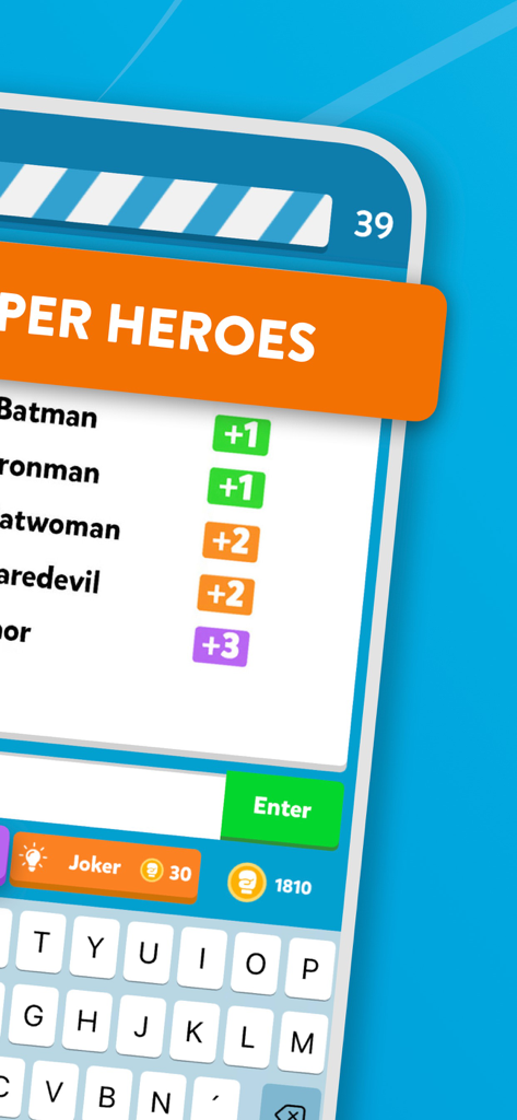 A gameplay screen from the Fight List categories game showing a list of super heroes with point scores