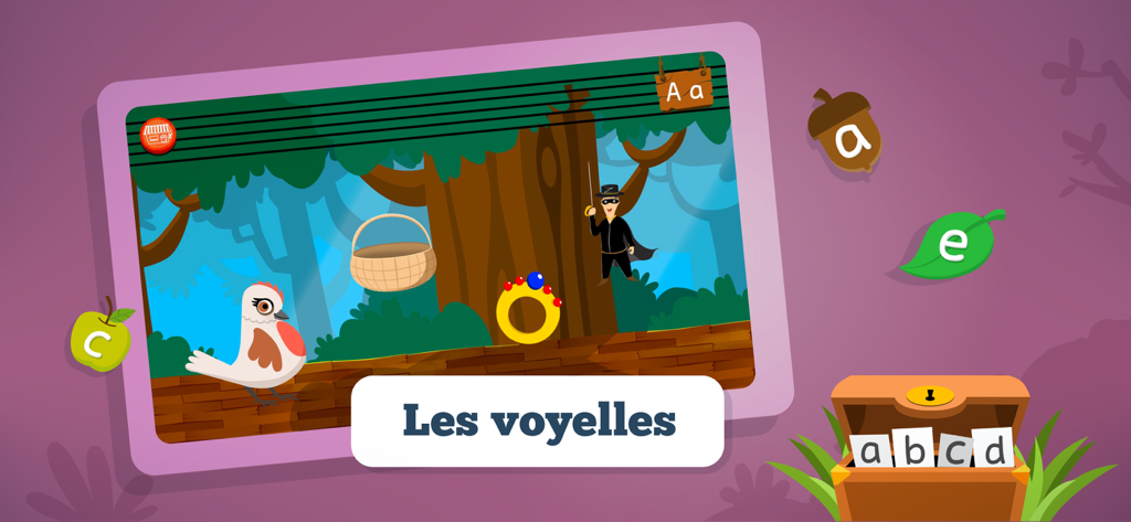 Pantalla de juego educativo de la aplicación Le bonheur de lire que enseña las vocales francesas a los niños en una interfaz temática de bosque.
