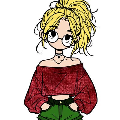 girl with a messy ponytail glasses a baggy crop top and jean shorts