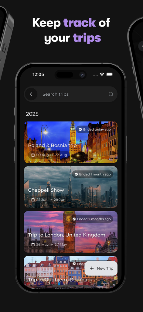 Tripnote app interface showing a visual list of past travel itineraries with photos and dates