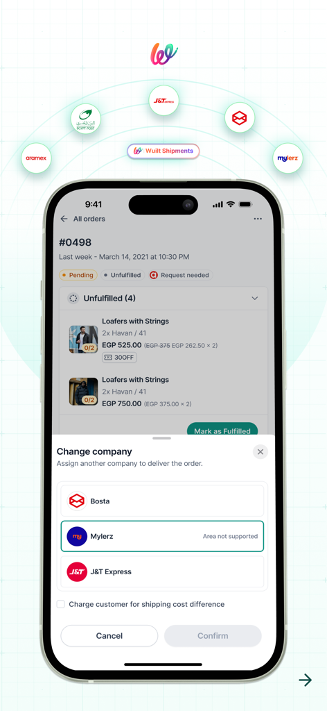 Wuilt Merchant - Dashboard of Wuilt Merchant app showing order details and a popup to select a shipping provider from a list including Bosta and J&T Express.
