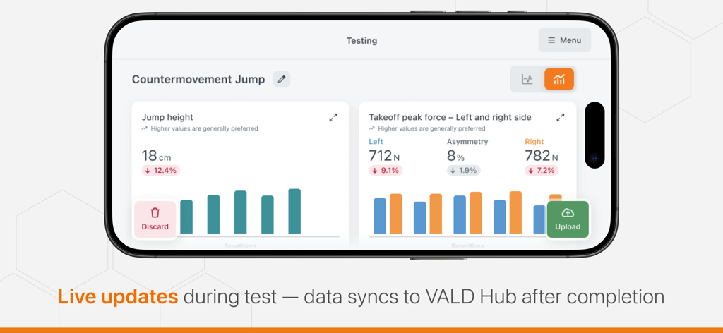 ForceDecks app interface showing countermovement jump metrics including jump height and peak force asymmetry
