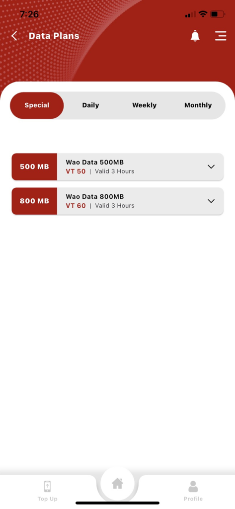 My Vodafone Vanuatu - Mobile screen showing special data plans for 500MB and 800MB in the My Vodafone Vanuatu app