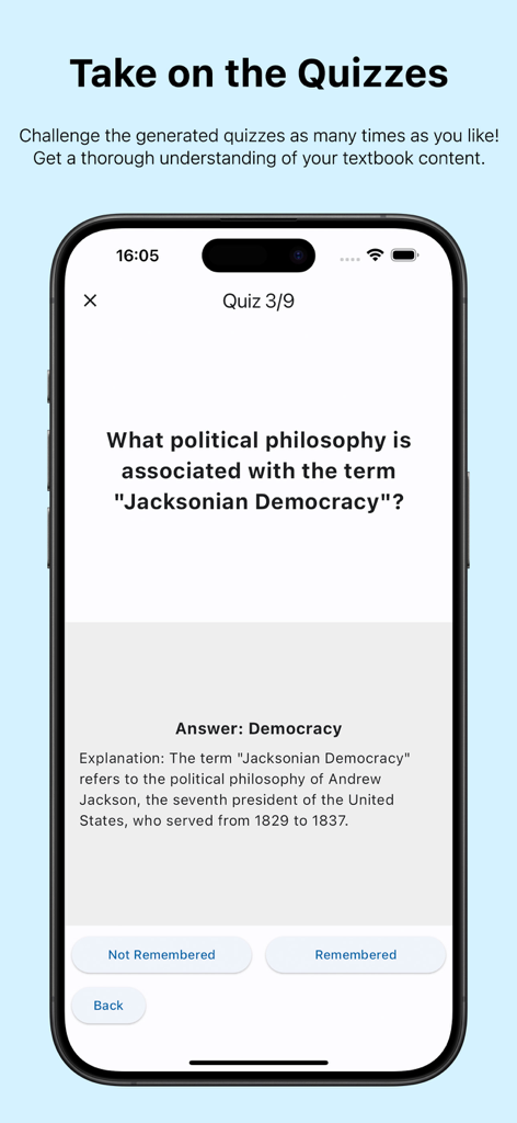 StudyAI: AI-Powered Study Tool - StudyAI app interface showing a generated history quiz question with explanation