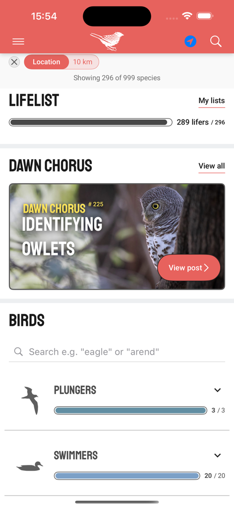 Firefinch - Dashboard of the Firefinch birding app displaying bird life lists and identification guides