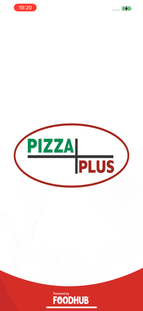 Pizza Plus. - Pizza Plus mobile app splash screen with the restaurant logo and Foodhub branding